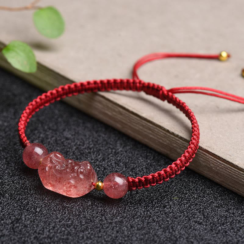 Natural Strawberry Quartz Pixiu Adjustable Red String Bracelet