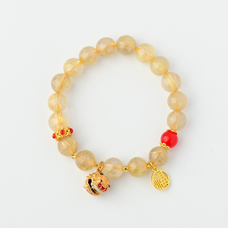 Natural Golden Rutilated Quartz Bracelet with Fu Character Charm and Ritual Bell