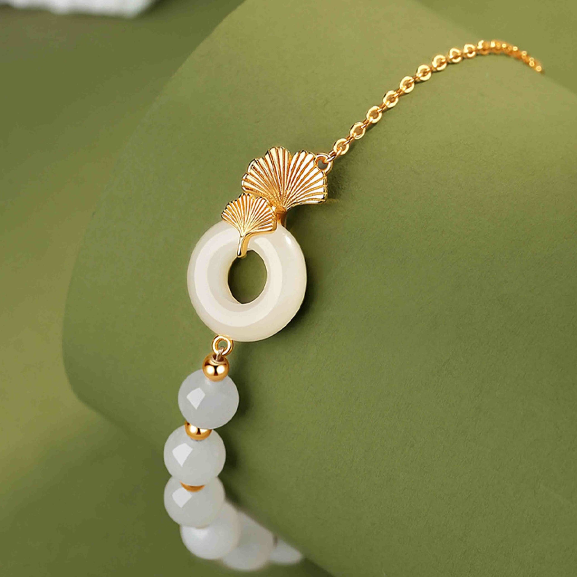 925 Sterling Silver Hetian White Jade Peace Buckle Ginkgo Leaf Luck Bracelet