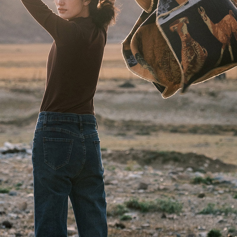 Tibetan Shawl Deer Vase Geometric Shapes Winter Cozy Travel Scarf Wrap