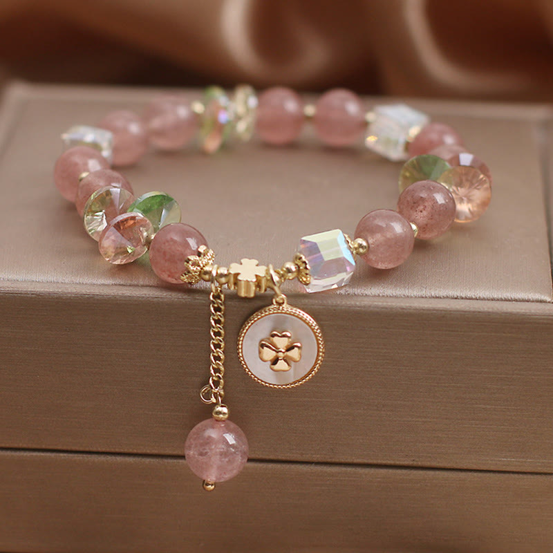 Strawberry Quartz Lucky Four Leaf Clover Healing Charm Bracelet