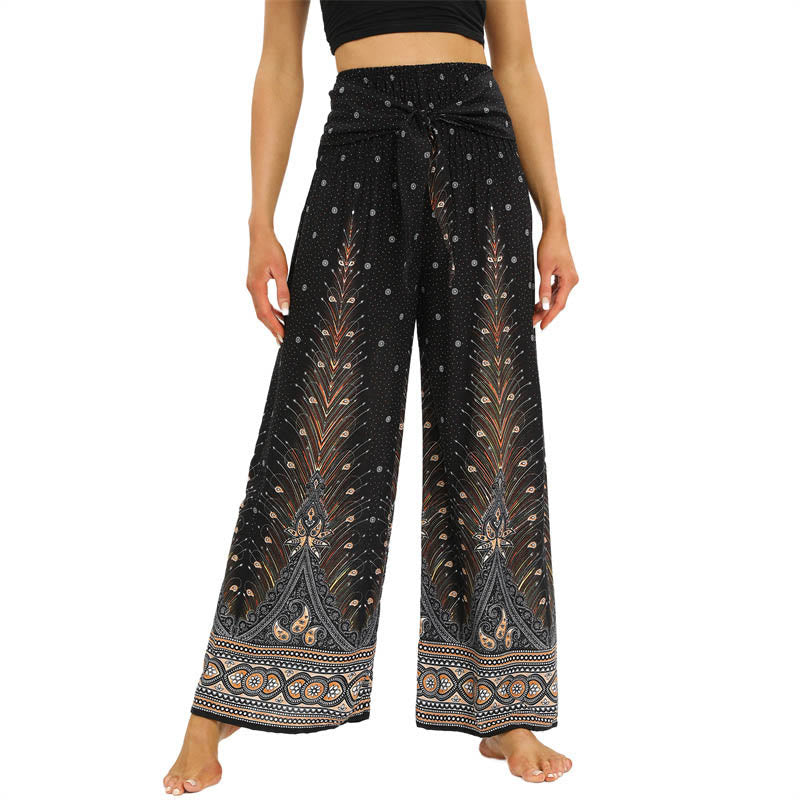 Boho Peacock Feathers Lace-up Wide Leg Pants Women's Yoga Pants