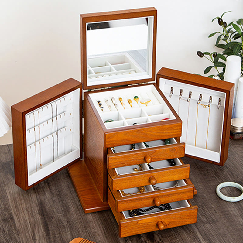 Vintage Large Capacity Wooden Jewelry Box Jewelry Storage Box With Mirror