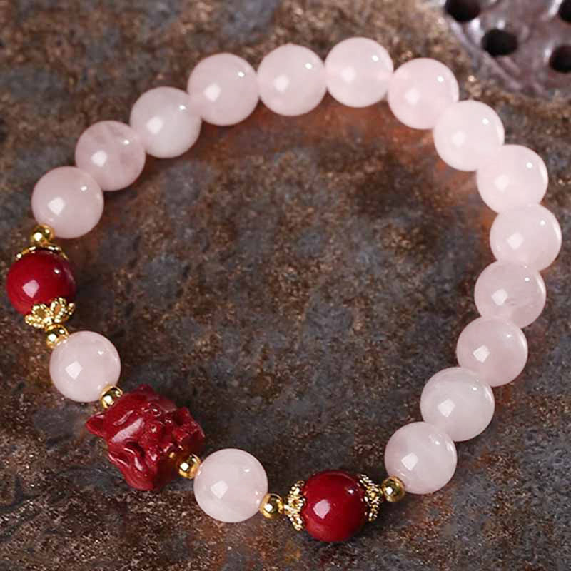 Natural Rose Quartz and Cinnabar Nine-Tailed Fox Totem Beaded Bracelet