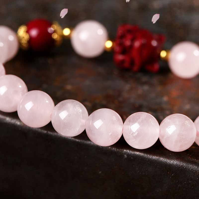 Natural Rose Quartz and Cinnabar Nine-Tailed Fox Totem Beaded Bracelet