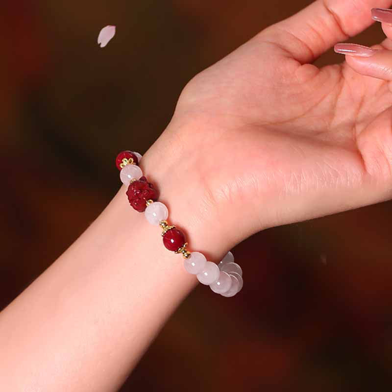Natural Rose Quartz and Cinnabar Nine-Tailed Fox Totem Beaded Bracelet