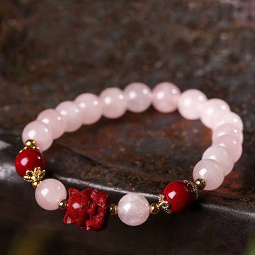Natural Rose Quartz and Cinnabar Nine-Tailed Fox Totem Beaded Bracelet