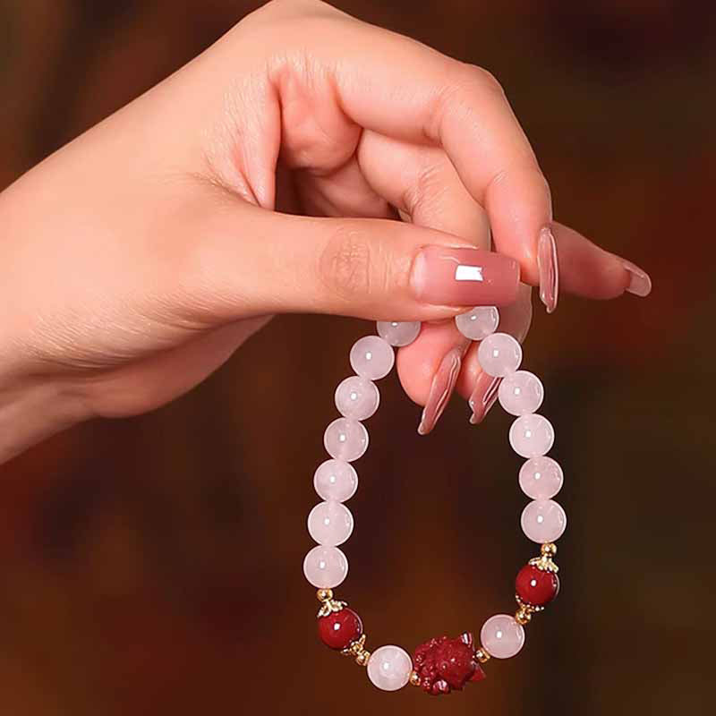 Natural Rose Quartz and Cinnabar Nine-Tailed Fox Totem Beaded Bracelet