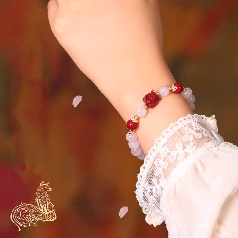 Natural Rose Quartz and Cinnabar Nine-Tailed Fox Totem Beaded Bracelet