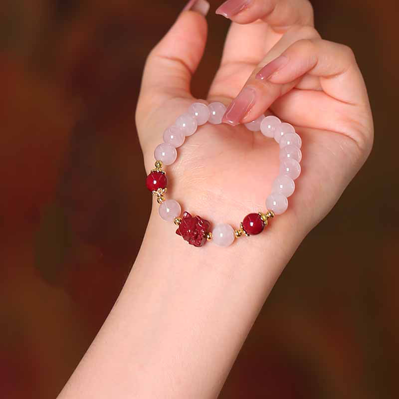 Natural Rose Quartz and Cinnabar Nine-Tailed Fox Totem Beaded Bracelet