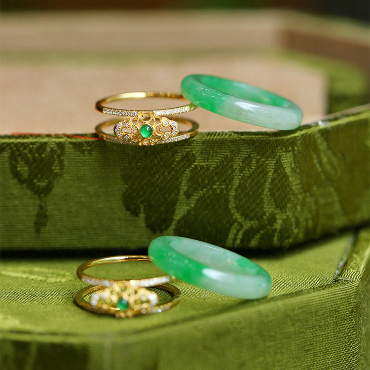 18K Gold Plated Natural Green Chalcedony & Sterling Silver Copper Strength Ring