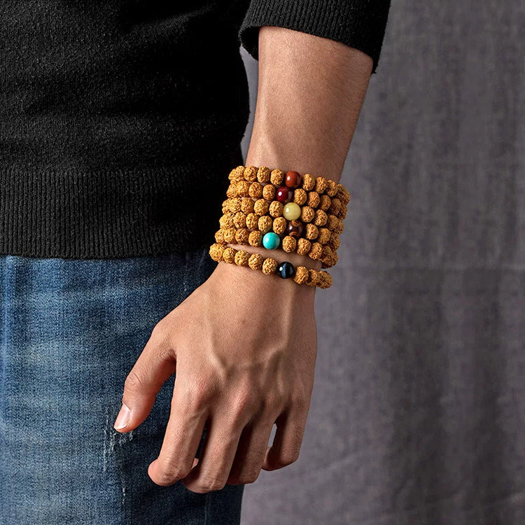 Tibet Rudraksha Bodhi Seed Dzi Bead Amber Turquoise Wealth Bracelet