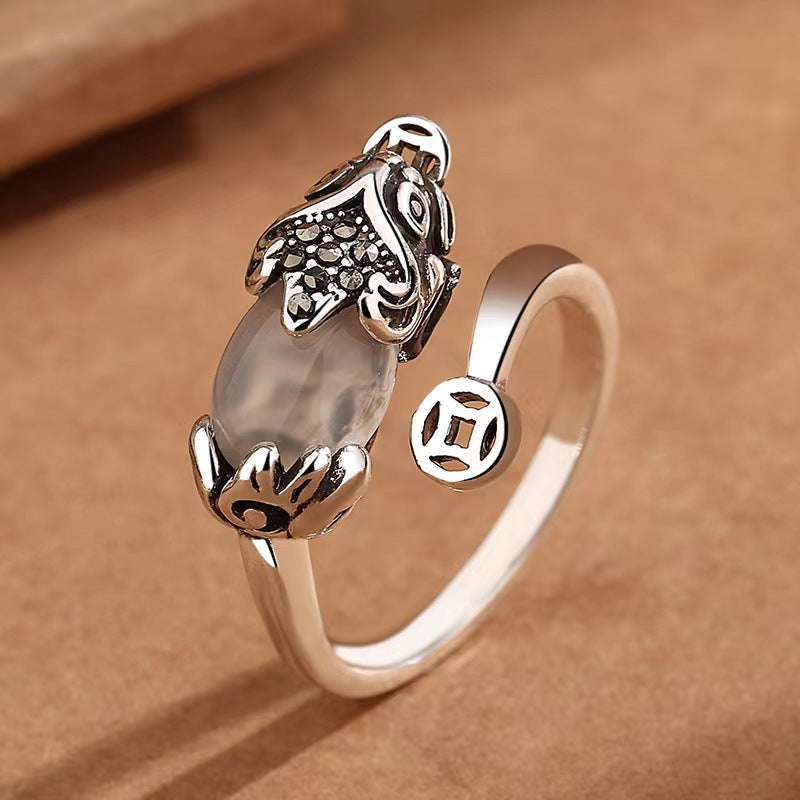 White Jade Pi Xiu Chinese Coin Lucky Adjustable Ring
