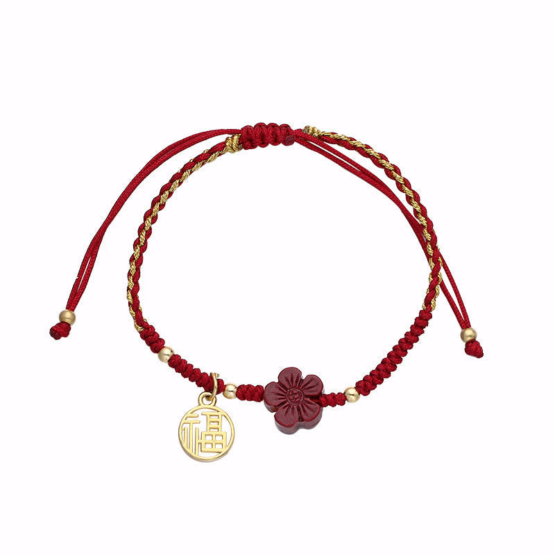 Handmade Red String Cinnabar Flower and Copper Fu Character Braided Bracelet