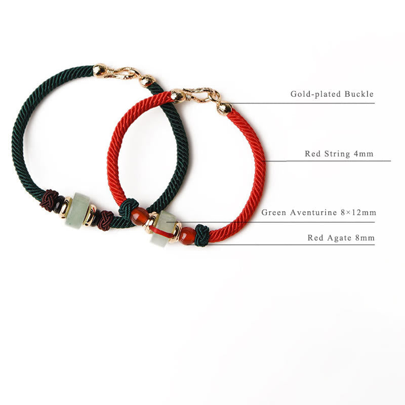 Handmade Tibetan Green Aventurine & Red Agate 14k Gold Red String Braided Bracelet