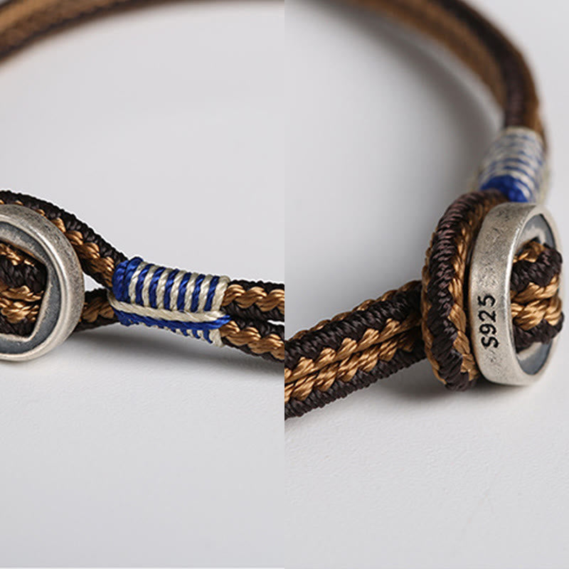 Handmade 925 Sterling Silver Button Weave Cord Bracelet for Men and Women