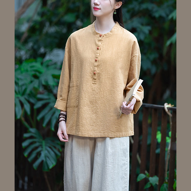 Solid Color Loose Button Blouse Long Sleeve Shirt Top
