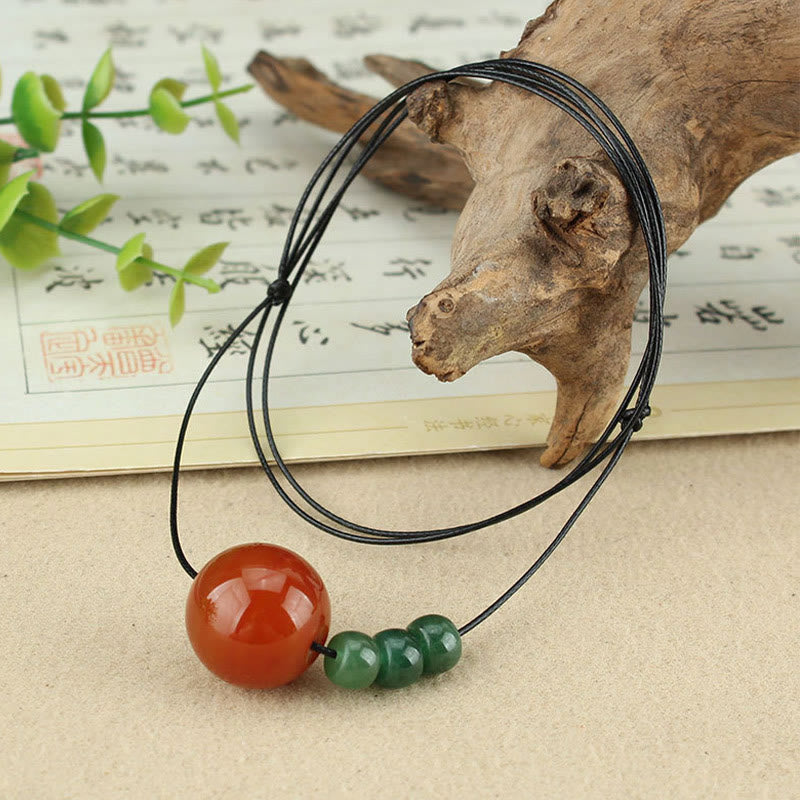 Red Agate Green Aventurine Green Bodhi Seed Bead Calm Leather Rope Necklace Pendant