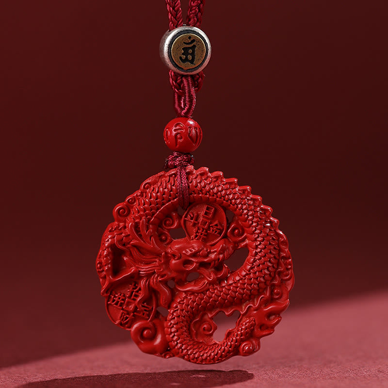 Year of the Dragon 925 Sterling Silver Natural Cinnabar Copper Coin Luck Necklace Pendant