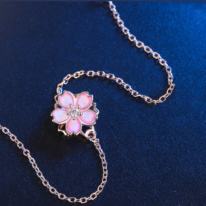 925 Sterling Silver Cherry Blossom Blessing Chain Bracelet Rotatable Ring