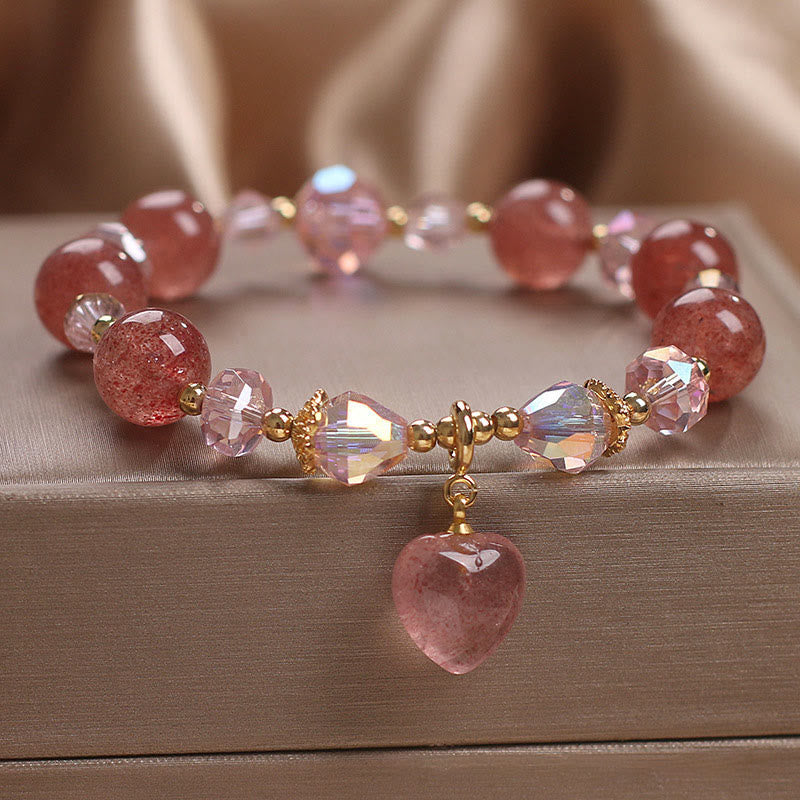 Natural Strawberry Quartz Crystal Love Heart Healing Positive Bracelet