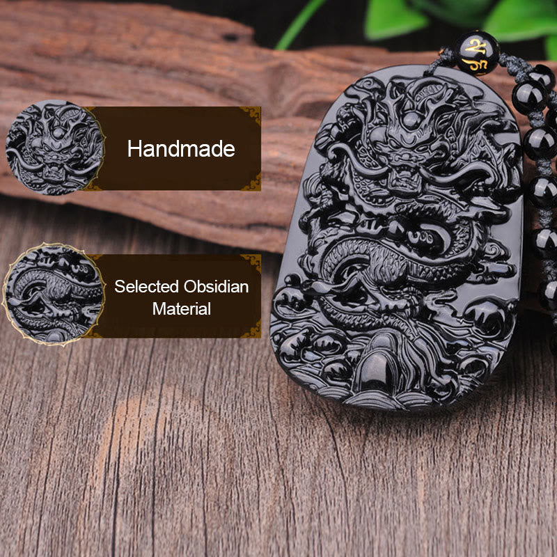 Black Obsidian Stone Dragon Fulfilment Pendant Necklace