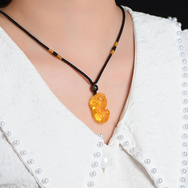 Natural Citrine Pixiu Hand-Carved Unisex Pendant Necklace