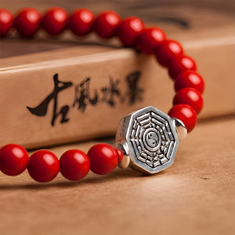 925 Sterling Silver Yin Yang Bagua Cinnabar Red String Focus Bracelet