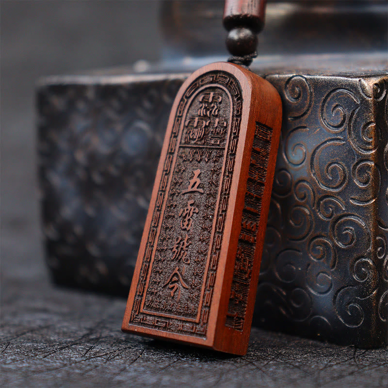 Lightning Struck Jujube Wood Taoist Five Thunder Order Luck Protection Necklace Pendant
