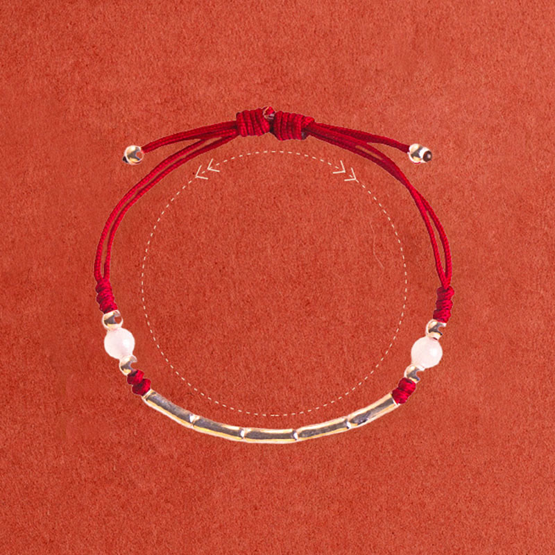 Sterling Silver Bamboo & Agate Bead Braided Red String Bracelet