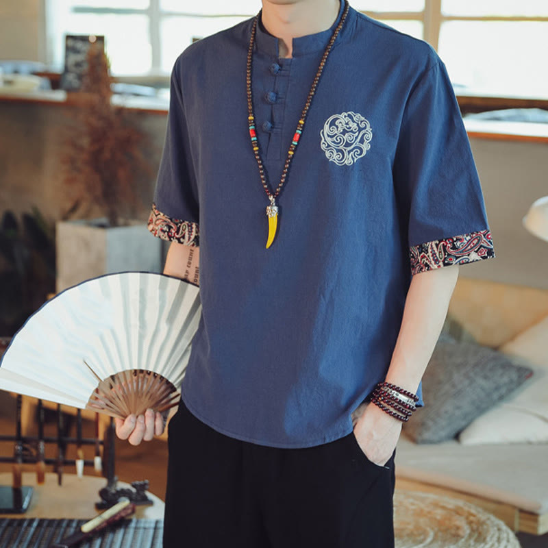 Frog-Button Dragon Embroidery Chinese Tang Suit Short Sleeve Shirt Linen Men Clothing