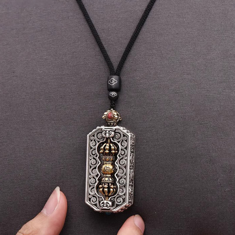 Tibetan Om Mani Padme Hum Carved Dorje Vajra Rotatable Lotus Pattern Purity Rope Necklace Pendant