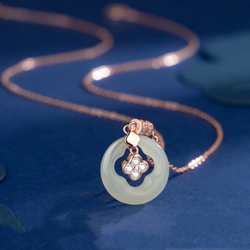 925 Sterling Silver Natural Hetian Jade Lucky Four Leaf Clover Zircon Necklace Pendant With Gift Box