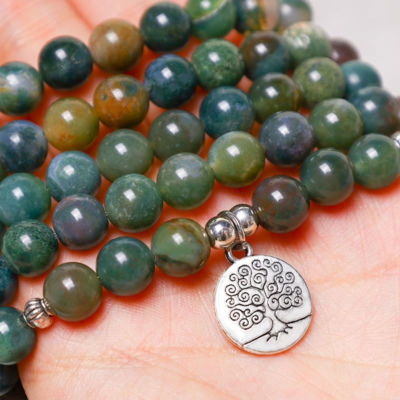 108 Mala Beads Indian Agate Lotus OM Buddha Tree of life Positive Calm Bracelet