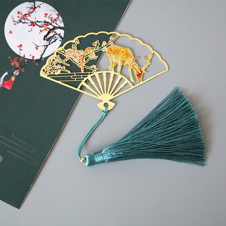 Traditional Butterfly Lotus Flower Crane Dragon Phoenix Fox Koi Fish New Beginning Metal Brass Hollow Fan Bookmarks