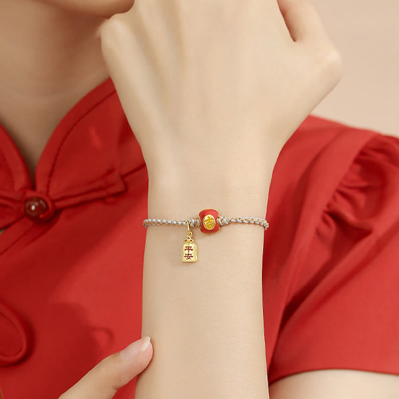 Handmade 925 Sterling Silver Blessing Character Braided Red String Bracelet