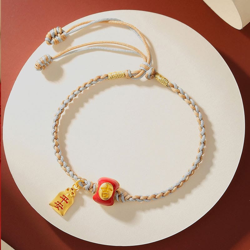 Handmade 925 Sterling Silver Blessing Character Braided Red String Bracelet