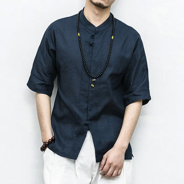 Chinese Frog-Button Tang Suit Zen Half Sleeve Shirt Linen Men Clothing