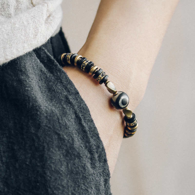 Ebony Wood & Dzi Bead Bracelet with Copper Accents for Grounding Strength