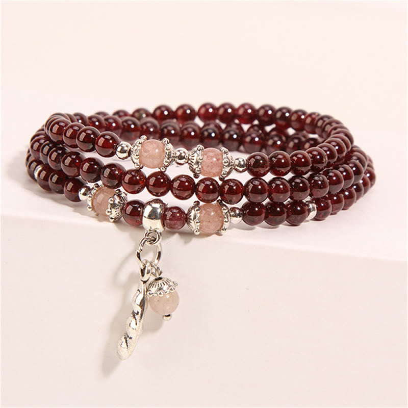 Natural Garnet Strawberry Quartz Green Beans PiXiu Protection Triple Wrap Bracelet