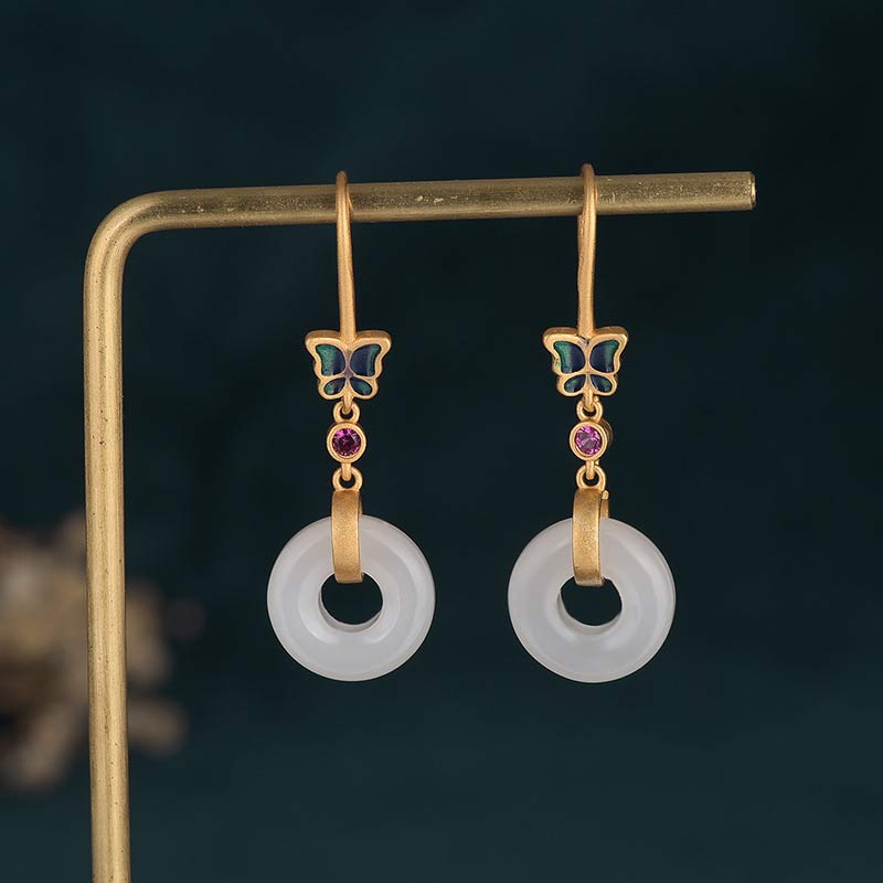 Handcrafted White Jade Butterfly Copper Dangle Earrings