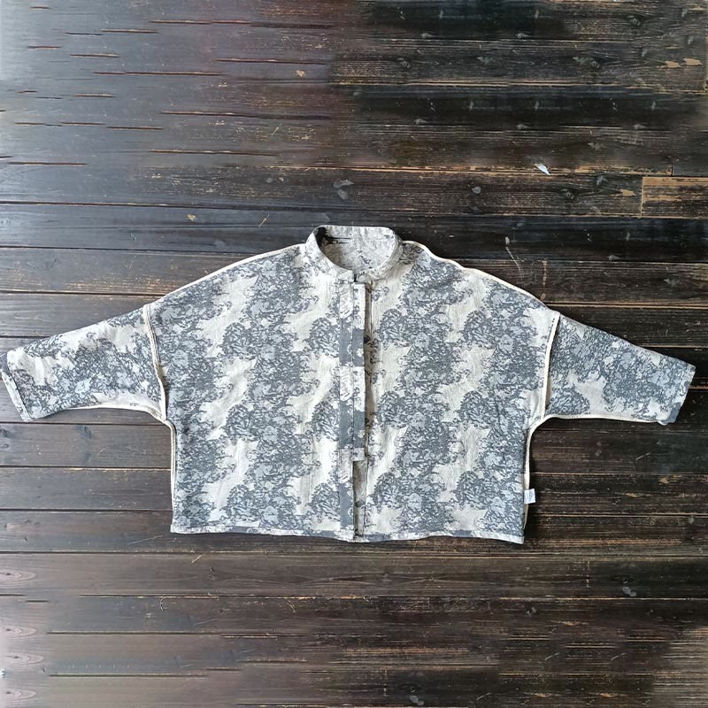 Black Gray Print Frog-button Design Long Sleeve Cotton Linen Jacket Shirt With Pockets