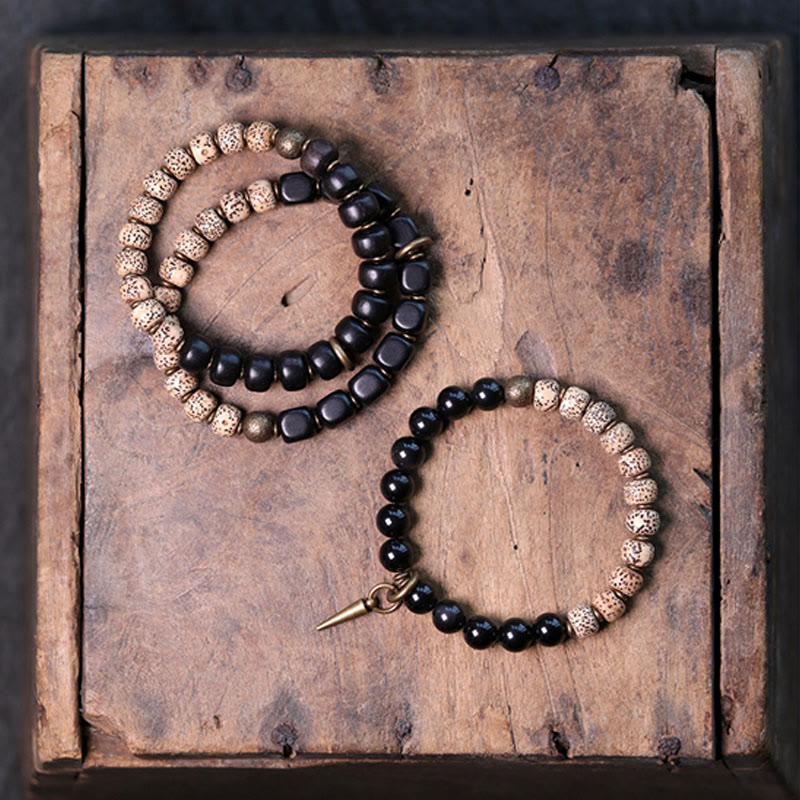 Tibetan Bodhi Seed Black Obsidian Ebony Wood Copper Peace Bracelet