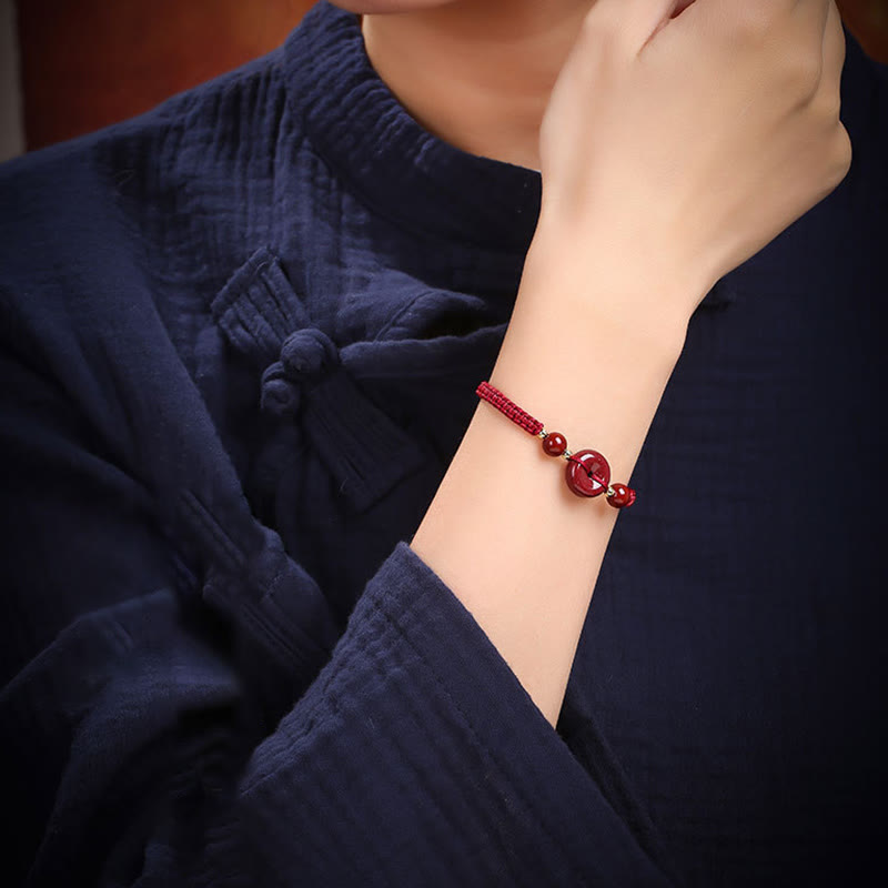 Natural Cinnabar Ping An Kou Adjustable Red String Bracelet