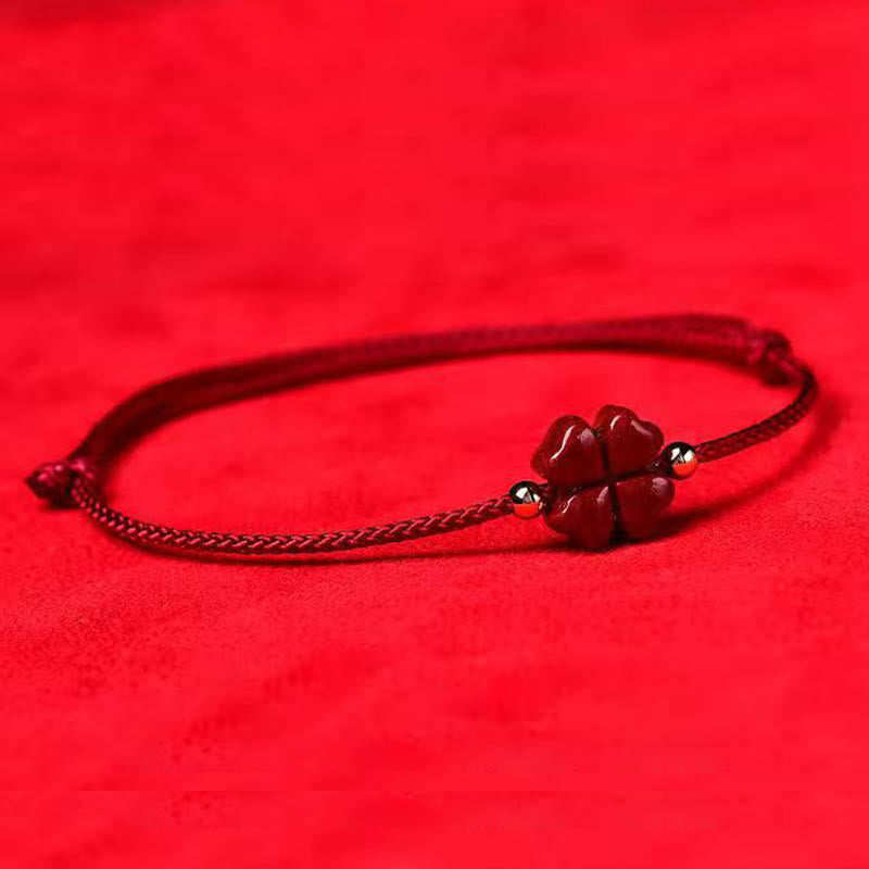 Handmade Cinnabar Four Leaf Clover Charm Red String Bracelet Anklet