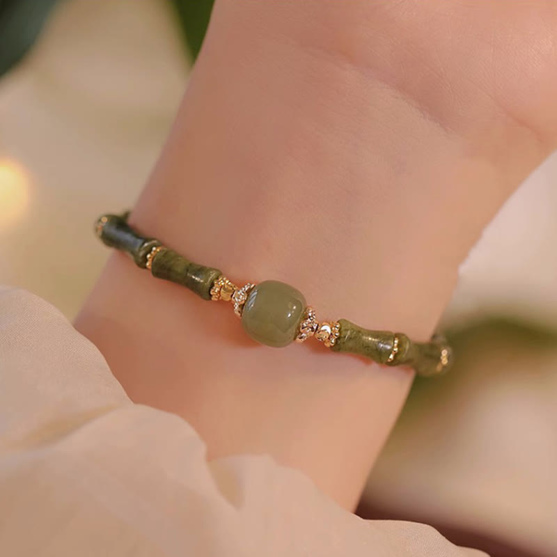 14K Copper Plated Peridot Hetian Jade Bamboo Pattern Luck Bracelet
