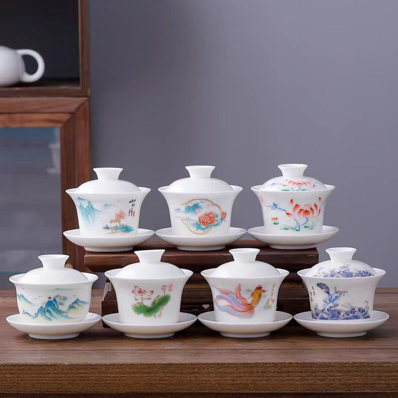 White Porcelain Mountain Landscape Countryside Ceramic Gaiwan Teacup Kung Fu Tea Cup And Saucer With Lid