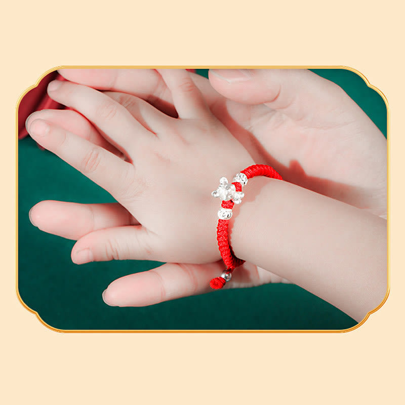 Handcrafted 999 Sterling Silver Chinese Zodiac Vajra Knot Red String Kids Bracelet