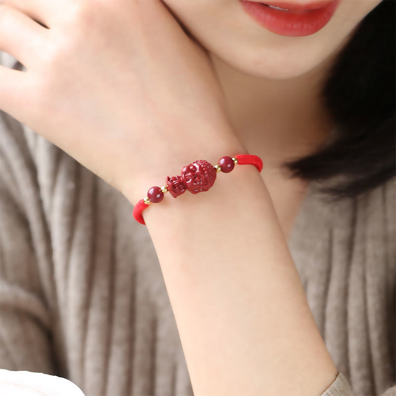 Handcrafted Cinnabar Zodiac Guardian Buddha Red String Adjustable Bracelet