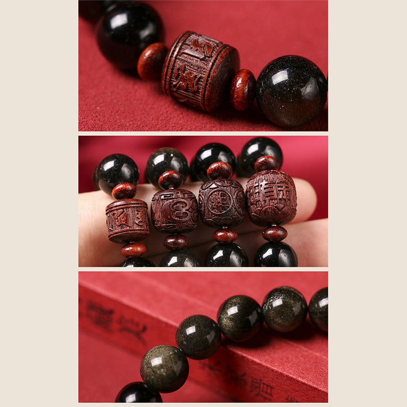 Natural Gold Sheen Obsidian Rainbow Obsidian Om Mani Padme Hum Fu Character Healing Bracelet
